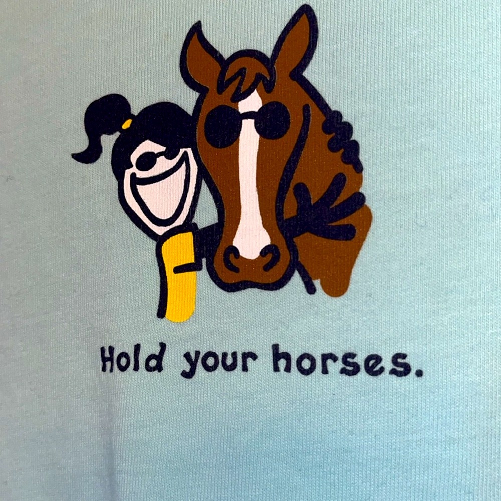 Life is Good Hold Your Horses XXL ice blue Tee t shirt cotton made in Peru EUC